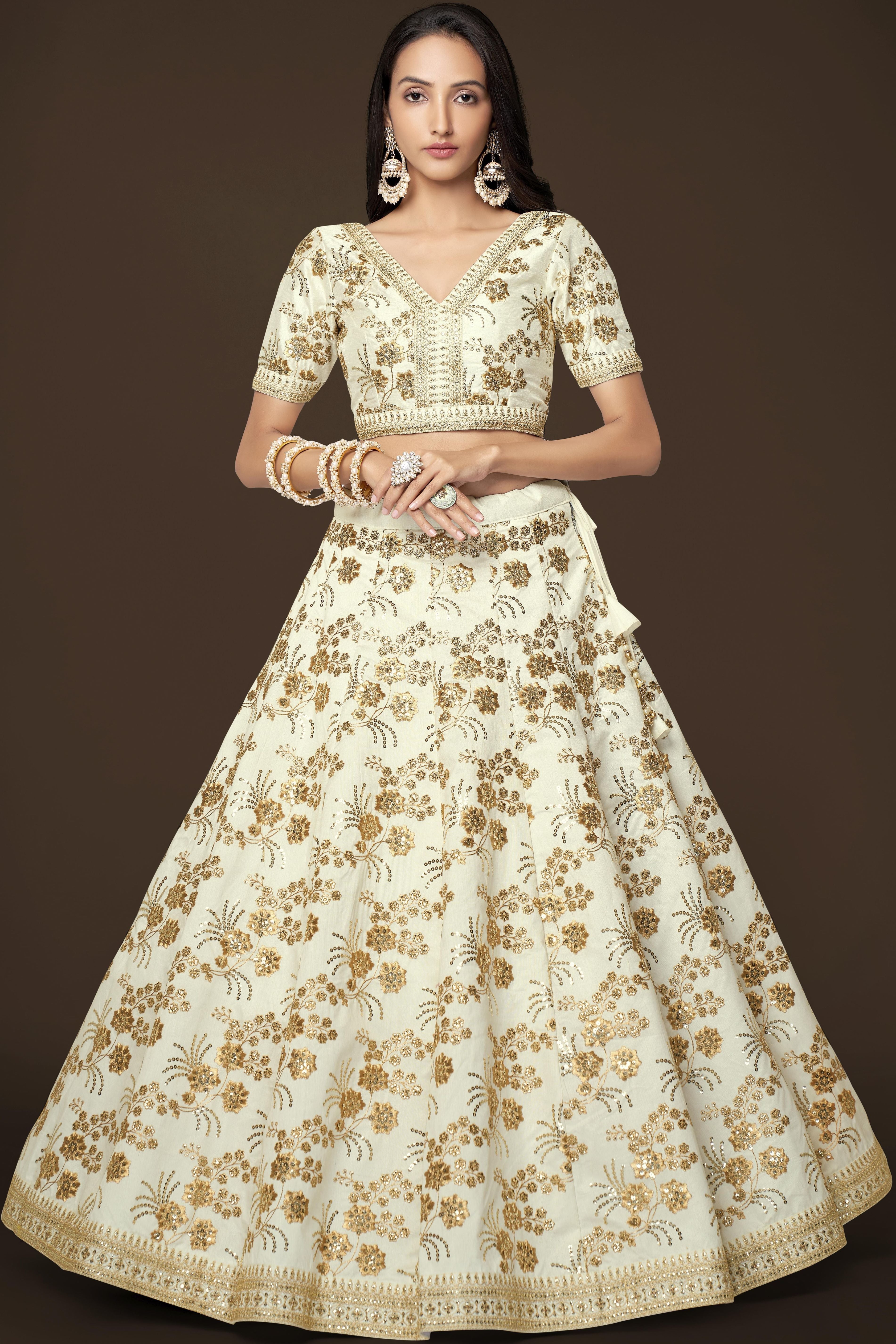 White Slub Silk Lehenga Choli For Indian Festivals & Pakistani Weddings Dress - Sequence Embroidery Work, Zari Work