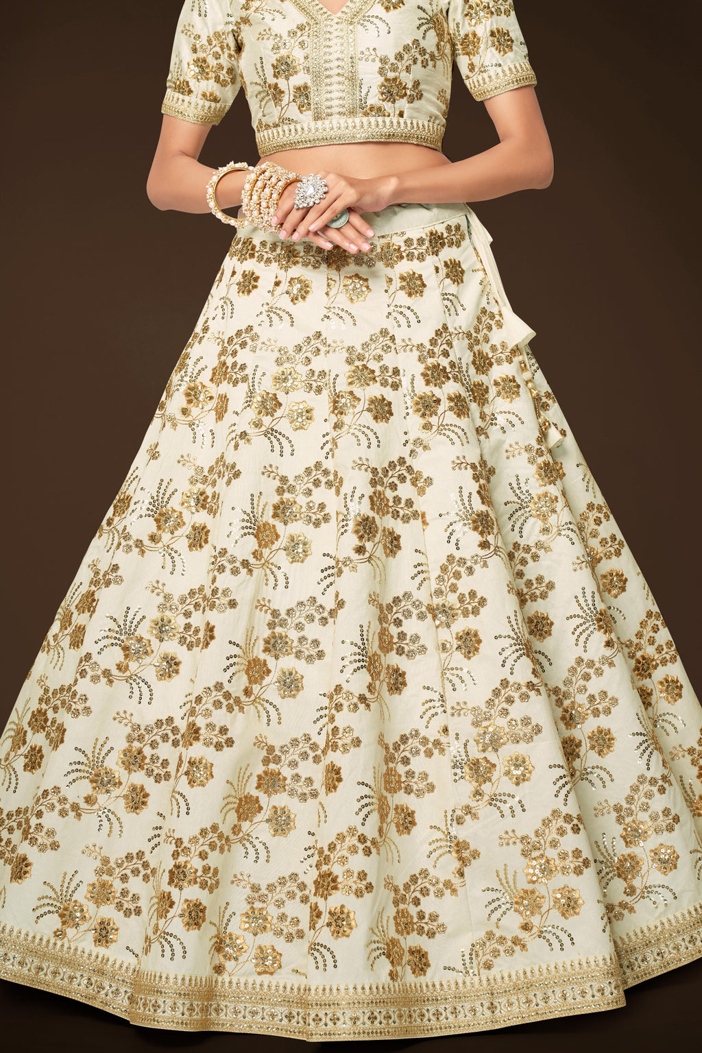 White Slub Silk Lehenga Choli For Indian Festivals & Pakistani Weddings Dress - Sequence Embroidery Work, Zari Work