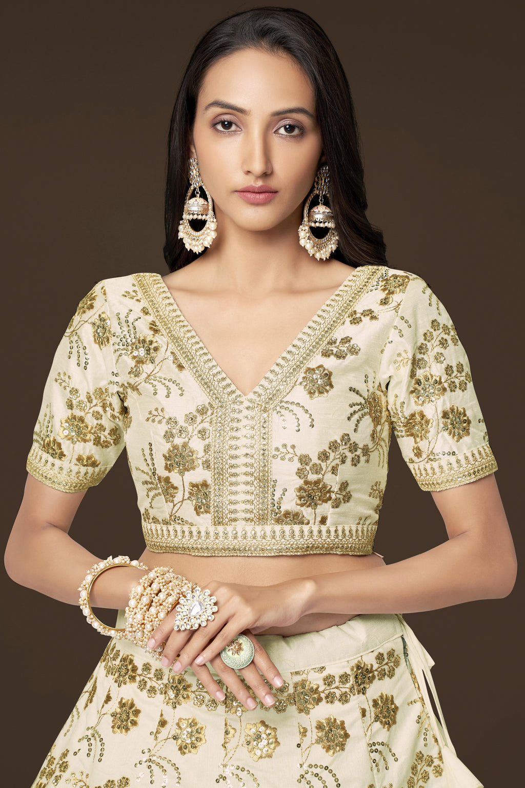 White Slub Silk Lehenga Choli For Indian Festivals & Pakistani Weddings Dress - Sequence Embroidery Work, Zari Work