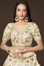 White Slub Silk Lehenga Choli For Indian Festivals & Pakistani Weddings Dress - Sequence Embroidery Work, Zari Work