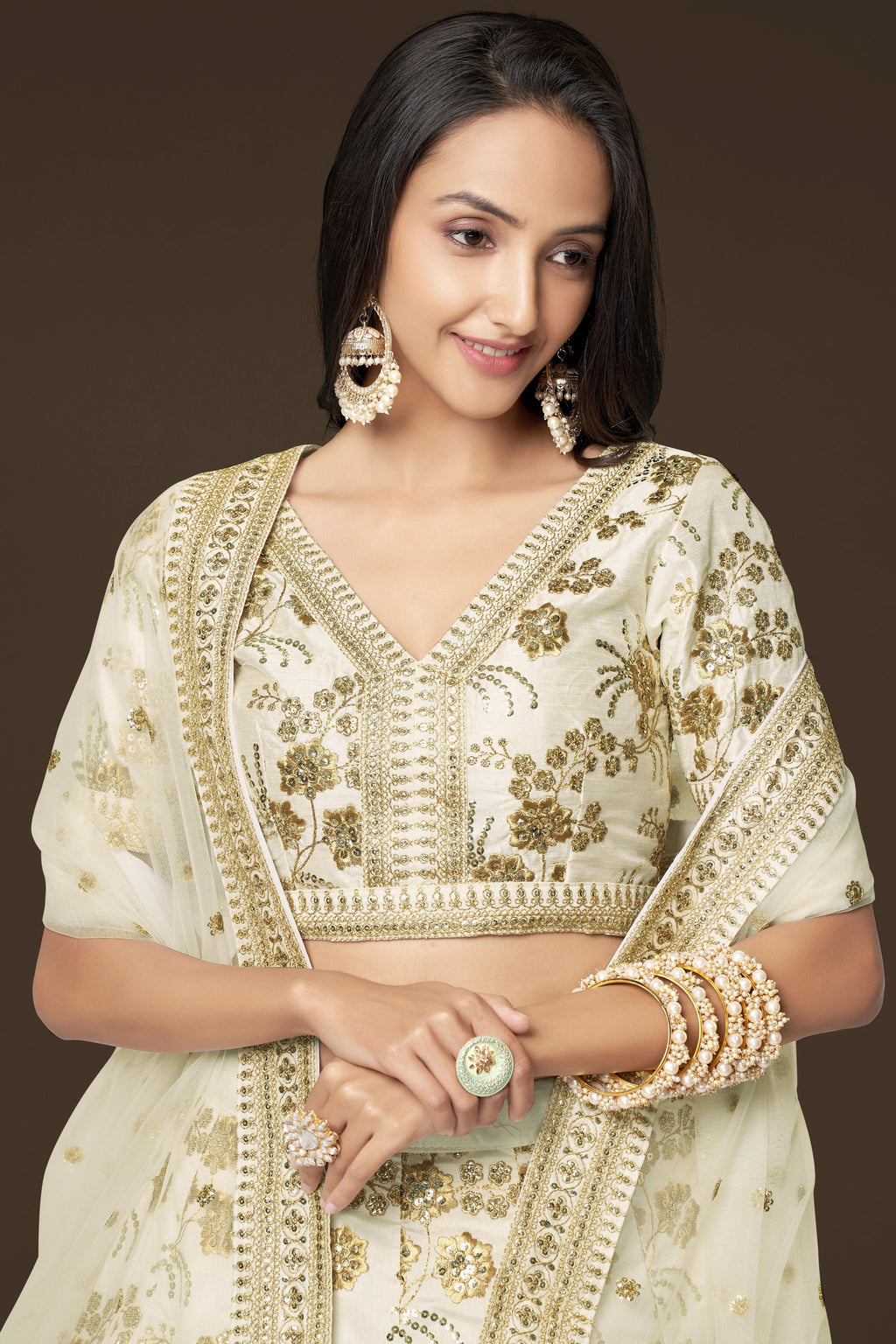 White Slub Silk Lehenga Choli For Indian Festivals & Pakistani Weddings Dress - Sequence Embroidery Work, Zari Work