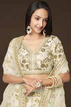 White Slub Silk Lehenga Choli For Indian Festivals & Pakistani Weddings Dress - Sequence Embroidery Work, Zari Work