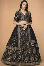 Black Slub Silk Lehenga Choli For Indian Festivals & Pakistani Weddings Dress - Sequence Embroidery Work, Zari Work