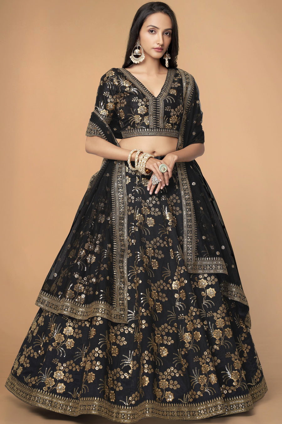 Black Slub Silk Lehenga Choli For Indian Festivals & Pakistani Weddings Dress - Sequence Embroidery Work, Zari Work