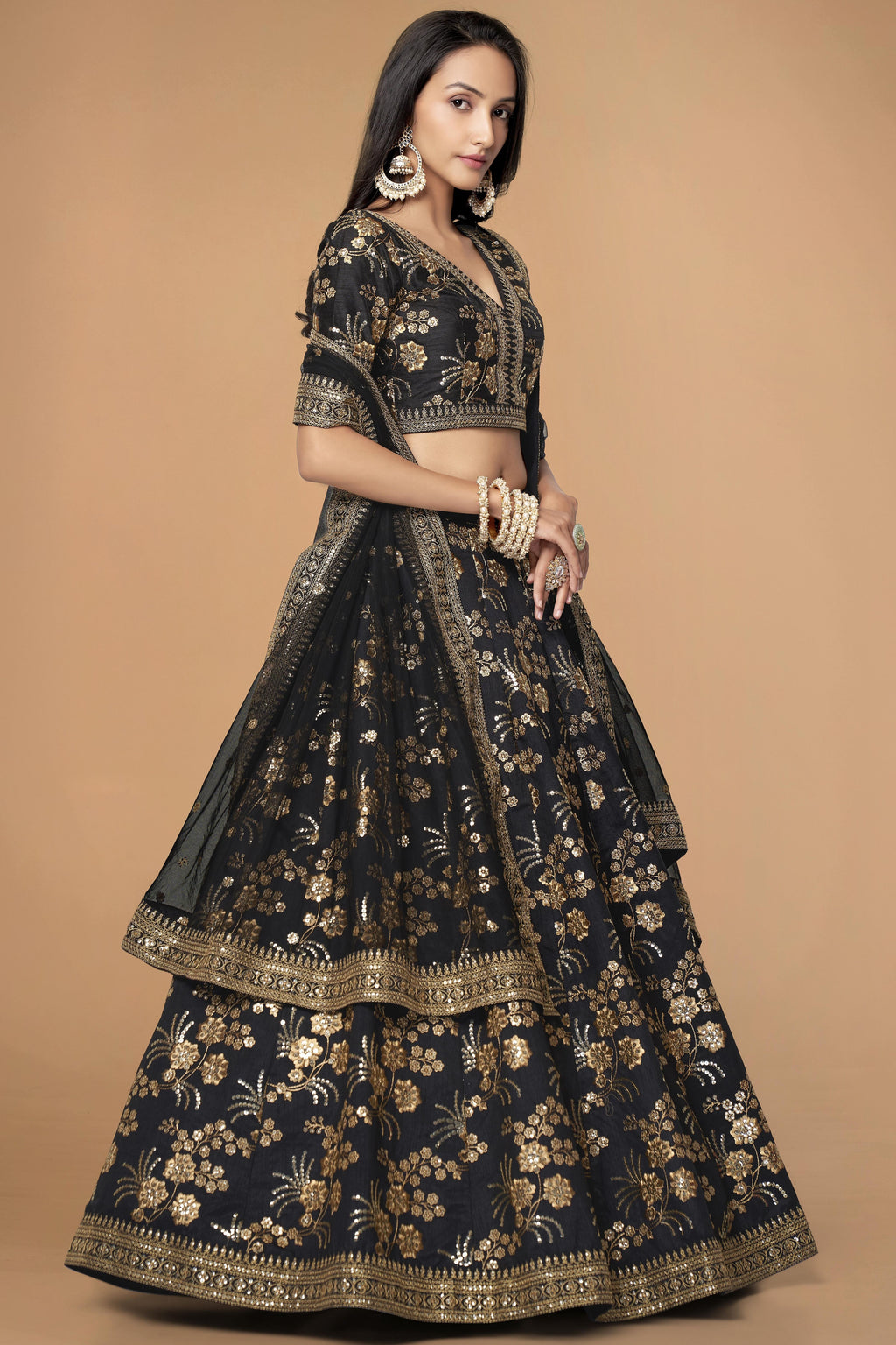 Black Slub Silk Lehenga Choli For Indian Festivals & Pakistani Weddings Dress - Sequence Embroidery Work, Zari Work