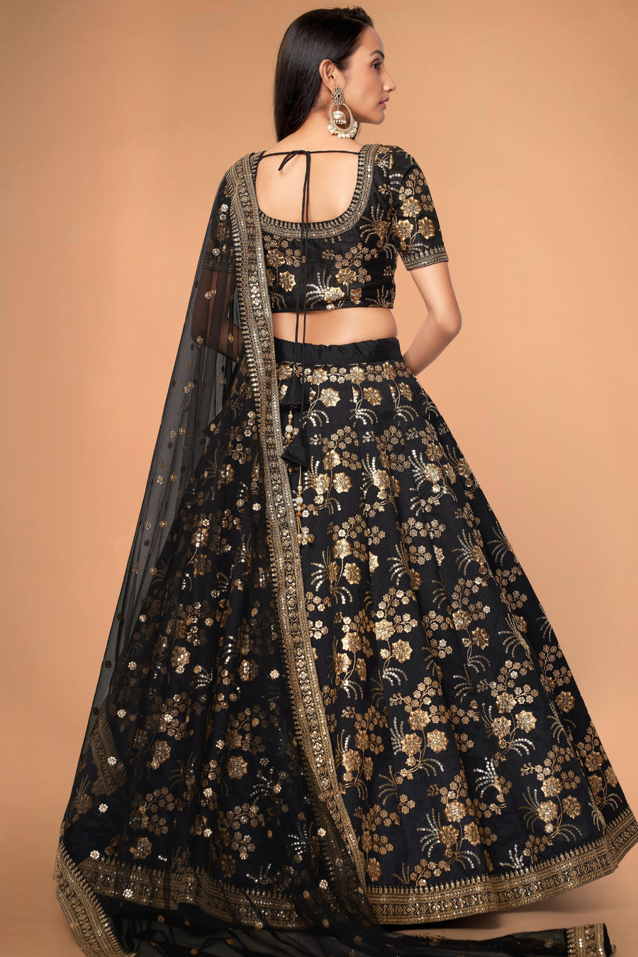 Black Slub Silk Lehenga Choli For Indian Festivals & Pakistani Weddings Dress - Sequence Embroidery Work, Zari Work