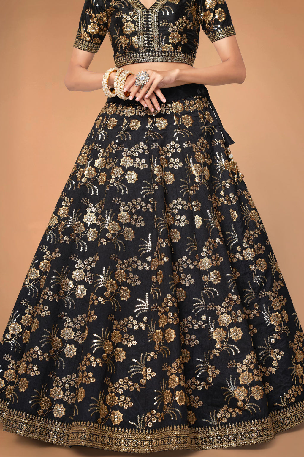 Black Slub Silk Lehenga Choli For Indian Festivals & Pakistani Weddings Dress - Sequence Embroidery Work, Zari Work