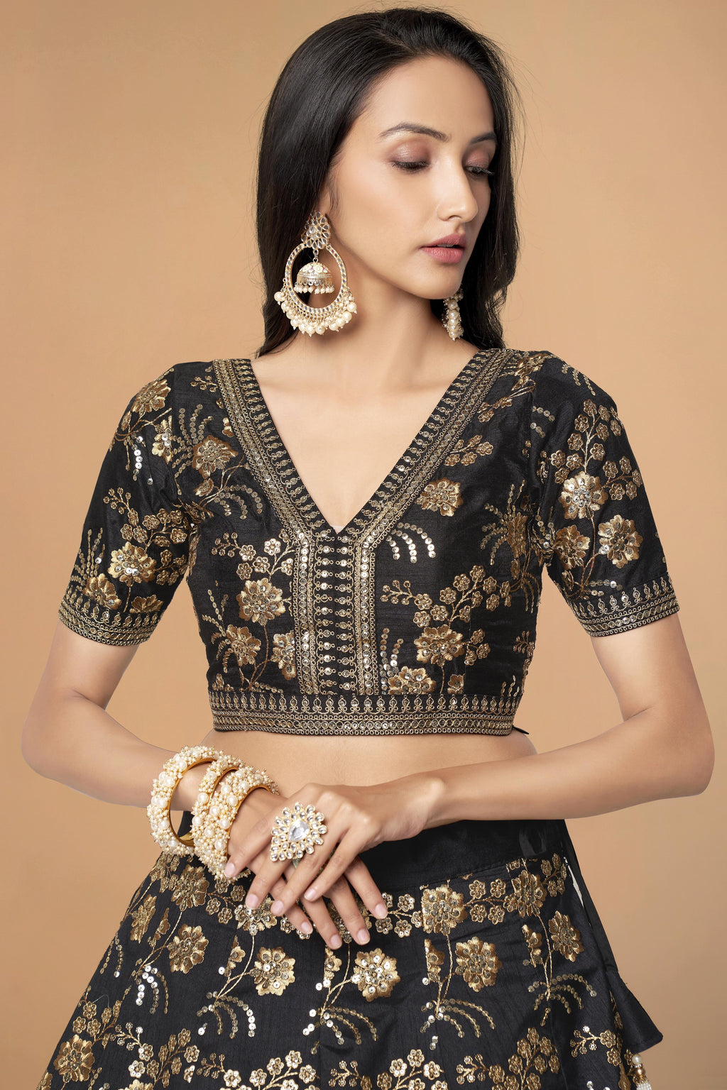 Black Slub Silk Lehenga Choli For Indian Festivals & Pakistani Weddings Dress - Sequence Embroidery Work, Zari Work