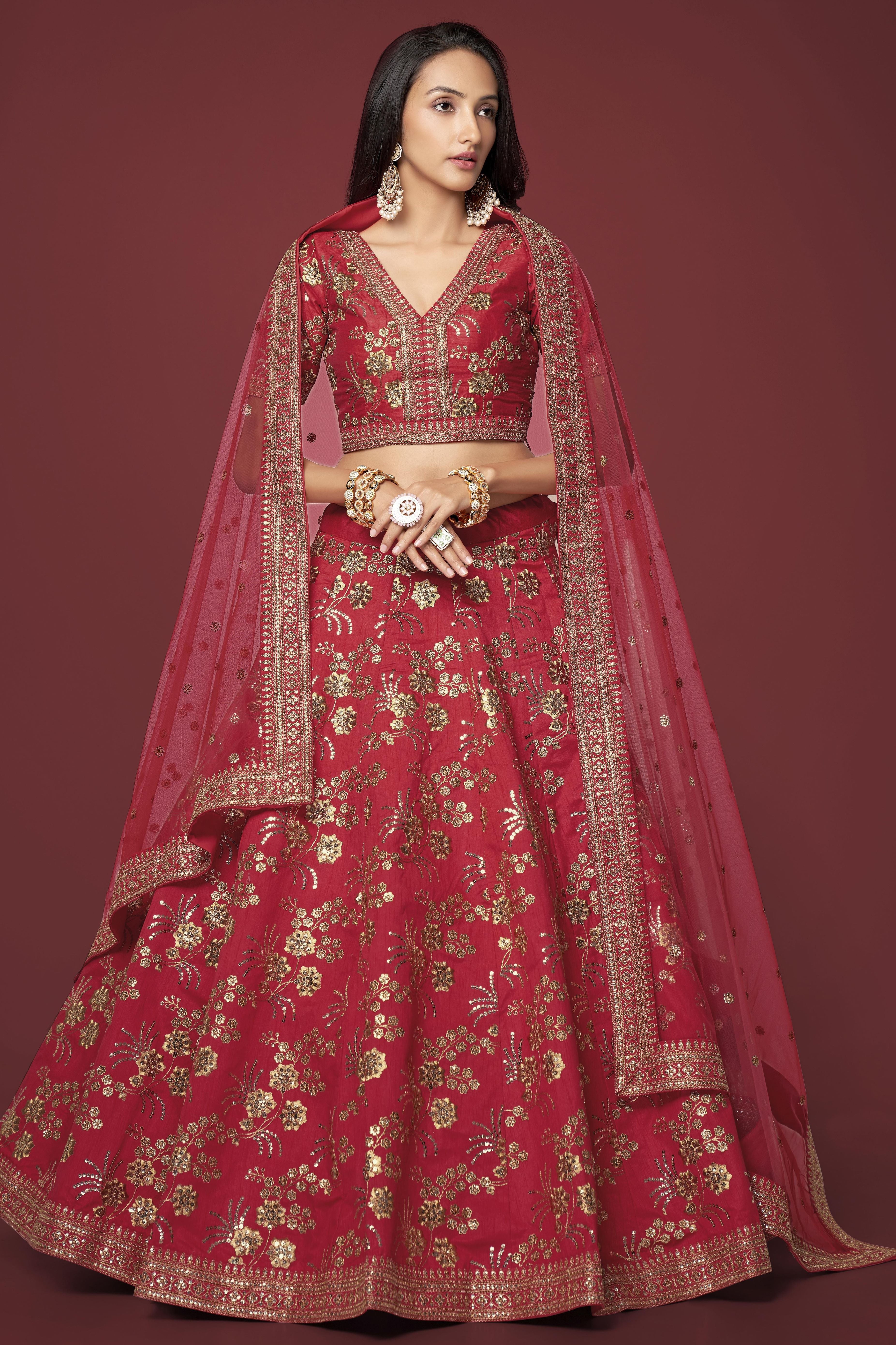 Red Slub Silk Lehenga Choli For Indian Festivals & Pakistani Weddings Dress - Sequence Embroidery Work, Zari Work