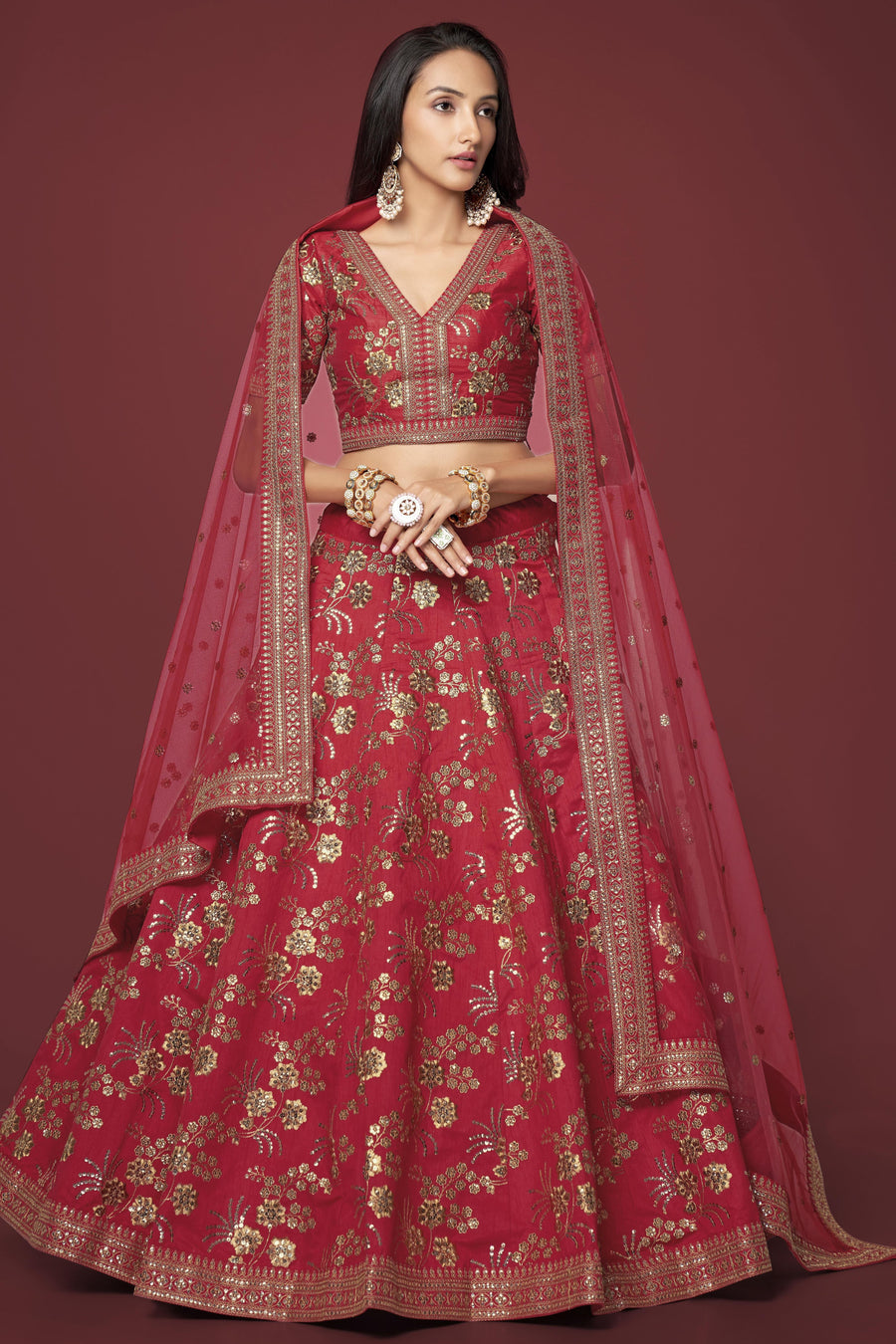 Red Slub Silk Lehenga Choli For Indian Festivals & Pakistani Weddings Dress - Sequence Embroidery Work, Zari Work
