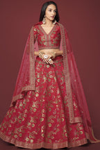 Red Slub Silk Lehenga Choli For Indian Festivals & Pakistani Weddings Dress - Sequence Embroidery Work, Zari Work