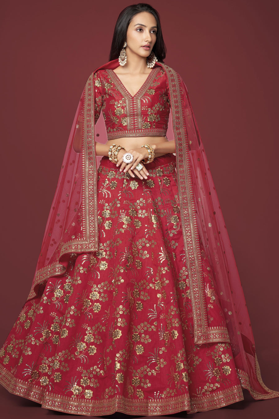 Red Slub Silk Lehenga Choli For Indian Festivals & Pakistani Weddings Dress - Sequence Embroidery Work, Zari Work