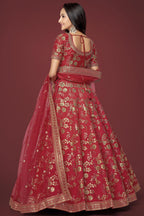 Red Slub Silk Lehenga Choli For Indian Festivals & Pakistani Weddings Dress - Sequence Embroidery Work, Zari Work
