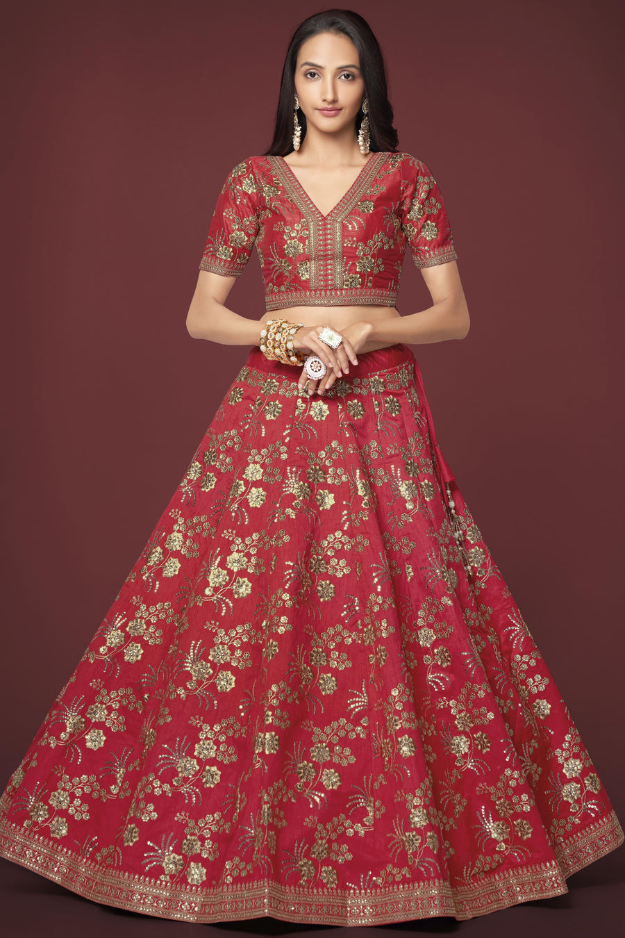 Red Slub Silk Lehenga Choli For Indian Festivals & Pakistani Weddings Dress - Sequence Embroidery Work, Zari Work