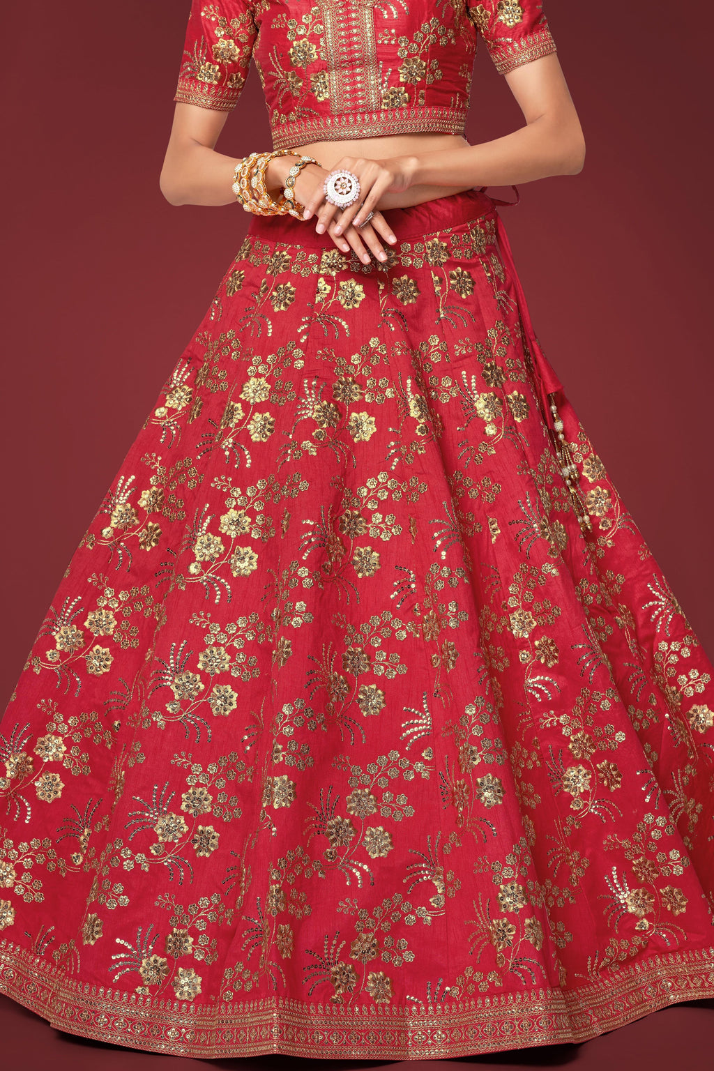 Red Slub Silk Lehenga Choli For Indian Festivals & Pakistani Weddings Dress - Sequence Embroidery Work, Zari Work