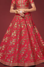 Red Slub Silk Lehenga Choli For Indian Festivals & Pakistani Weddings Dress - Sequence Embroidery Work, Zari Work