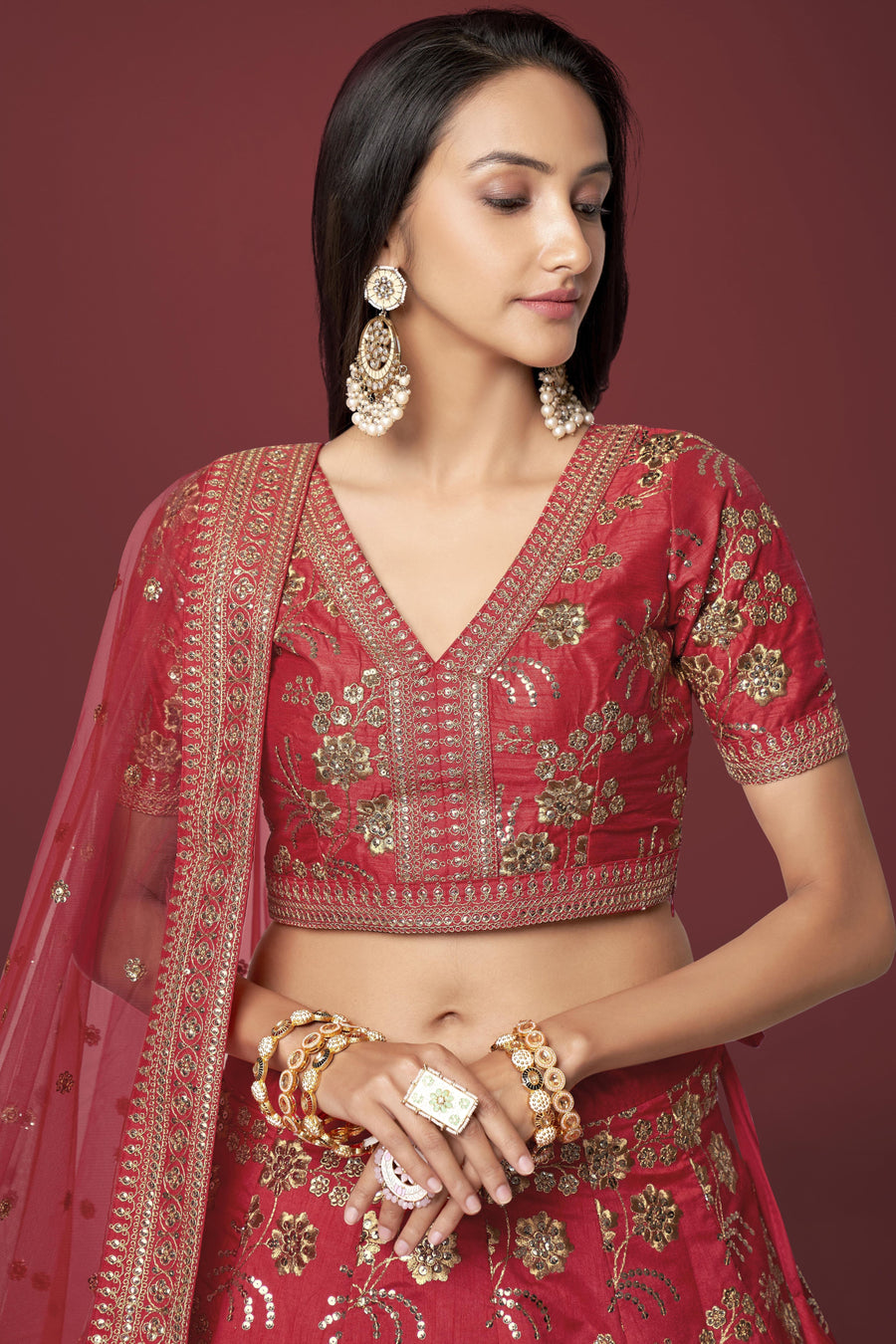 Red Slub Silk Lehenga Choli For Indian Festivals & Pakistani Weddings Dress - Sequence Embroidery Work, Zari Work