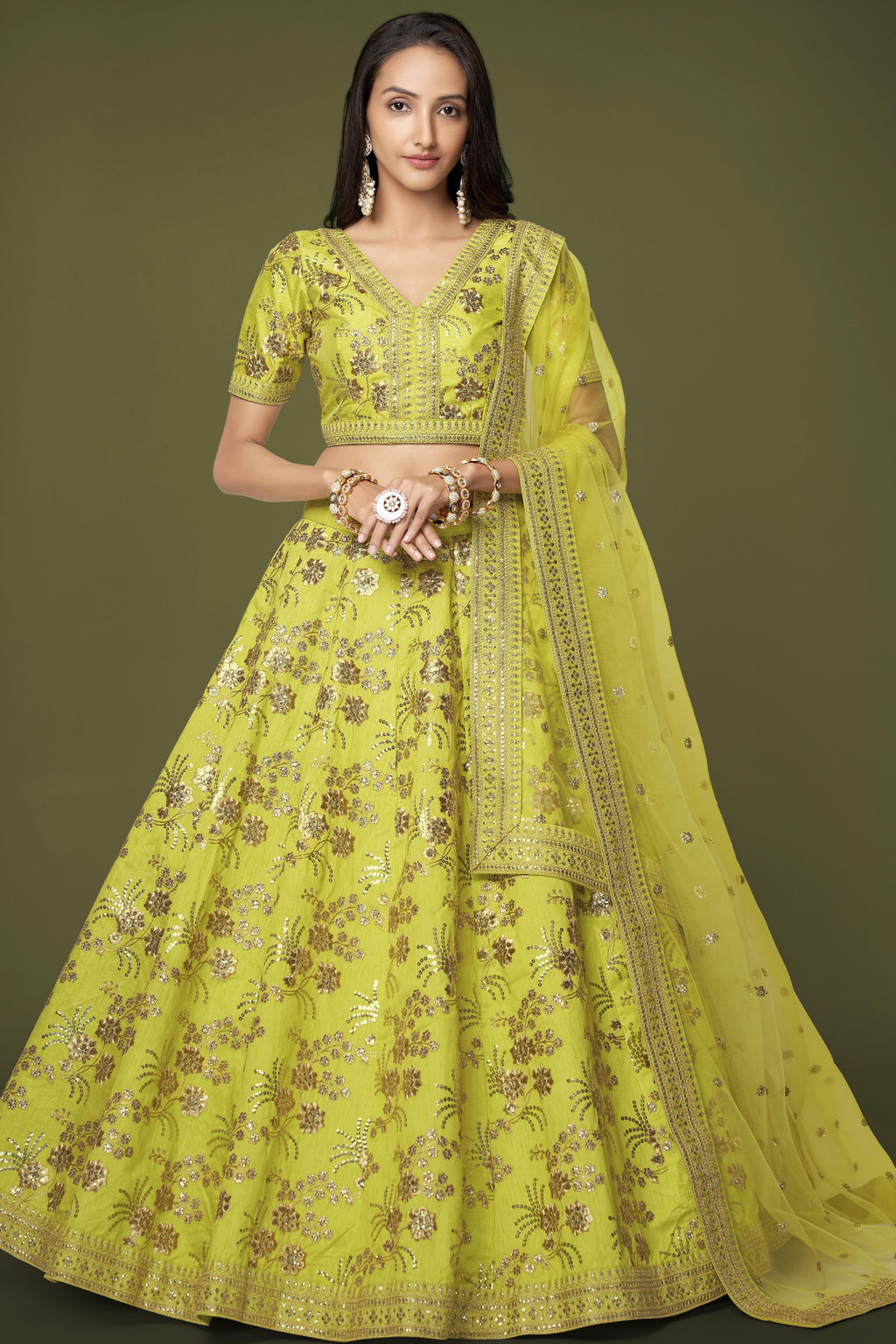 Yellow Slub Silk Lehenga Choli For Indian Festivals & Pakistani Weddings Dress - Sequence Embroidery Work, Zari Work