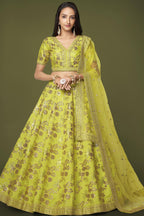 Yellow Slub Silk Lehenga Choli For Indian Festivals & Pakistani Weddings Dress - Sequence Embroidery Work, Zari Work