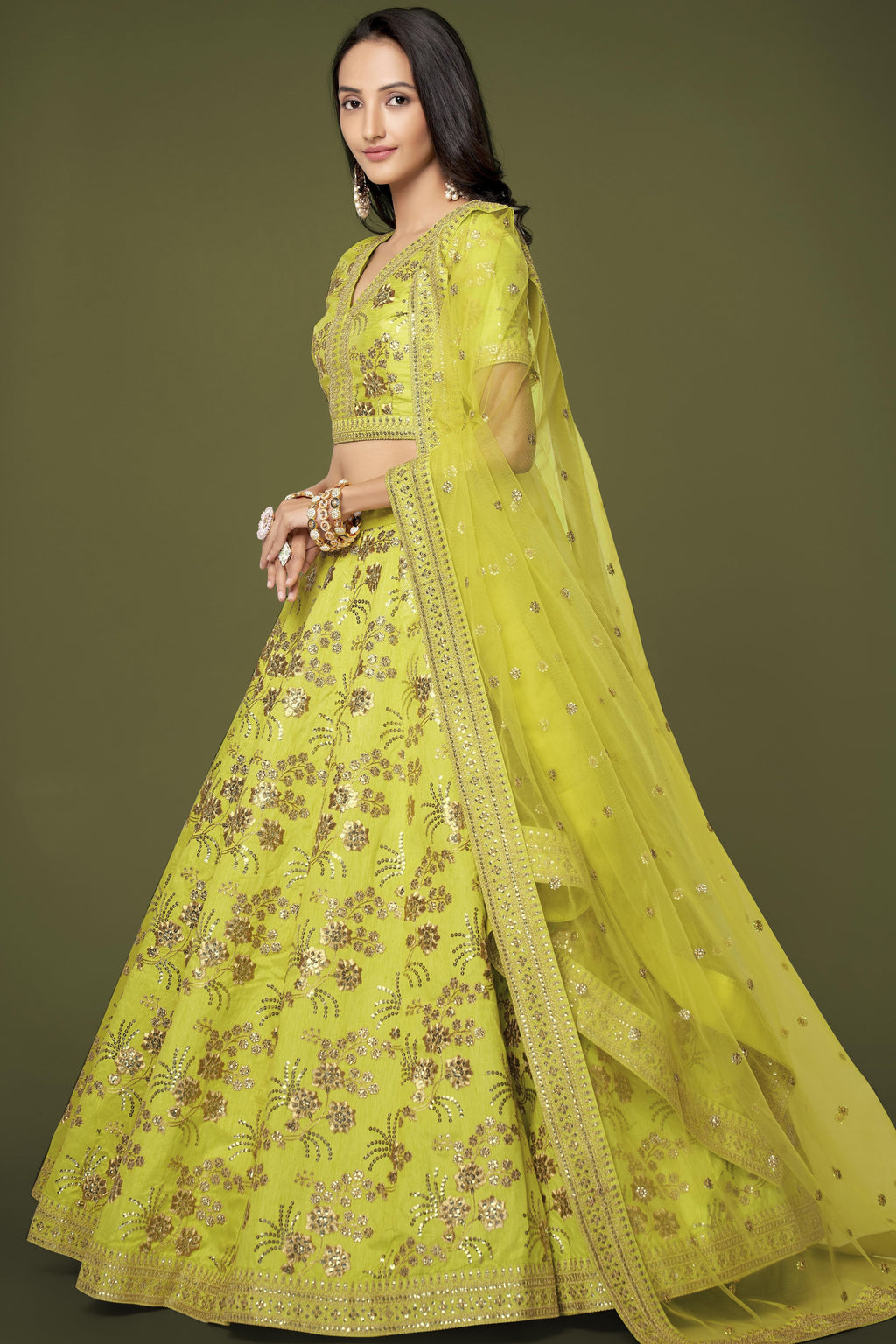 Yellow Slub Silk Lehenga Choli For Indian Festivals & Pakistani Weddings Dress - Sequence Embroidery Work, Zari Work