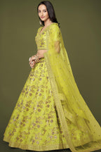 Yellow Slub Silk Lehenga Choli For Indian Festivals & Pakistani Weddings Dress - Sequence Embroidery Work, Zari Work