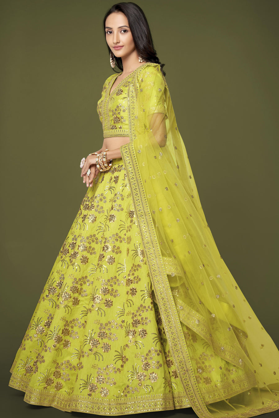 Yellow Slub Silk Lehenga Choli For Indian Festivals & Pakistani Weddings Dress - Sequence Embroidery Work, Zari Work