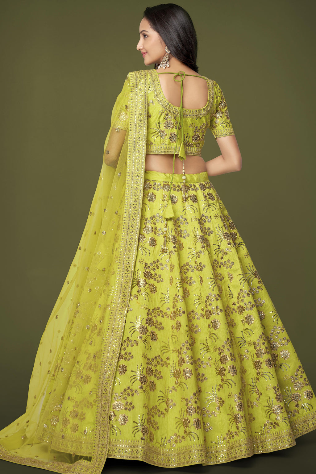 Yellow Slub Silk Lehenga Choli For Indian Festivals & Pakistani Weddings Dress - Sequence Embroidery Work, Zari Work