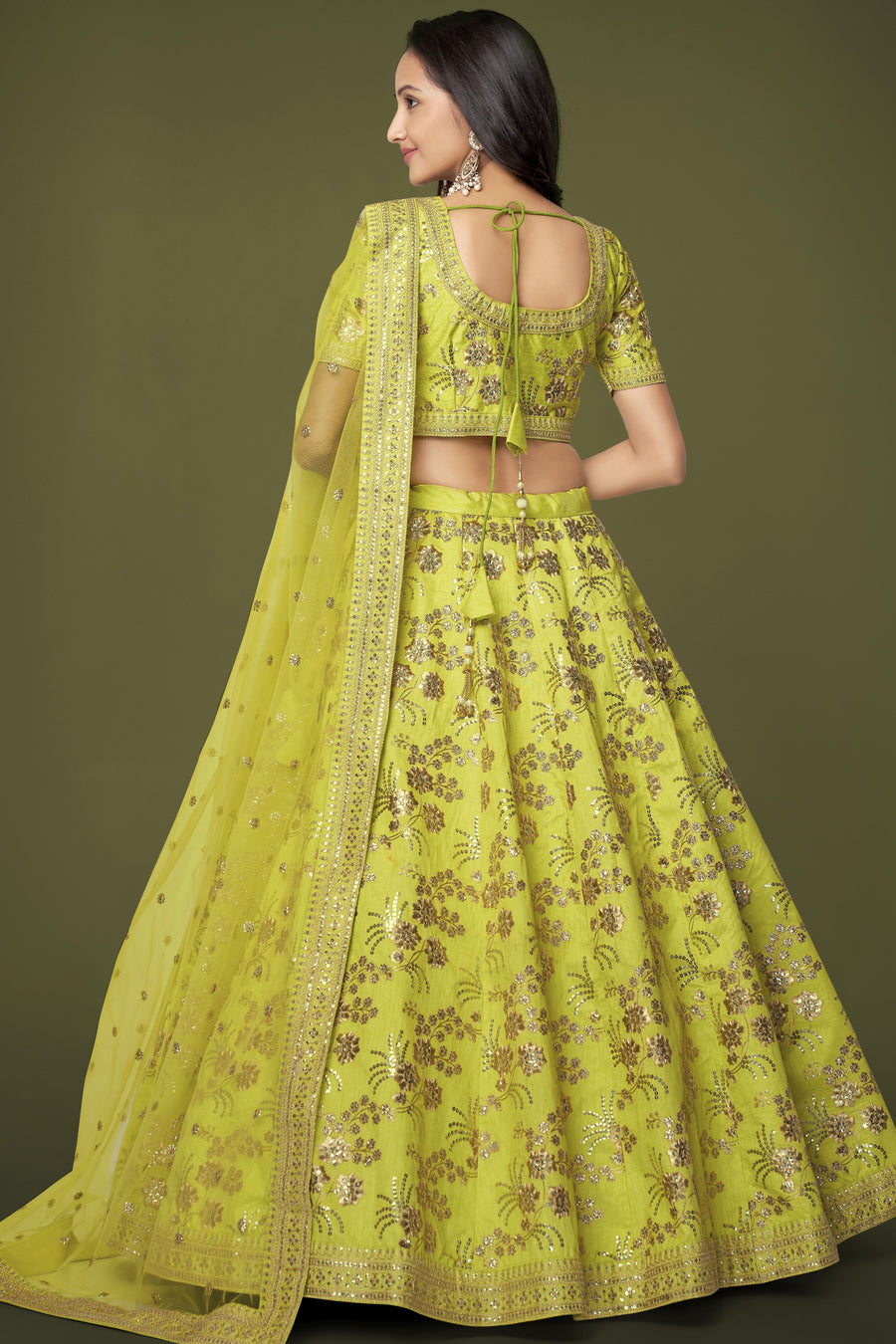Yellow Slub Silk Lehenga Choli For Indian Festivals & Pakistani Weddings Dress - Sequence Embroidery Work, Zari Work