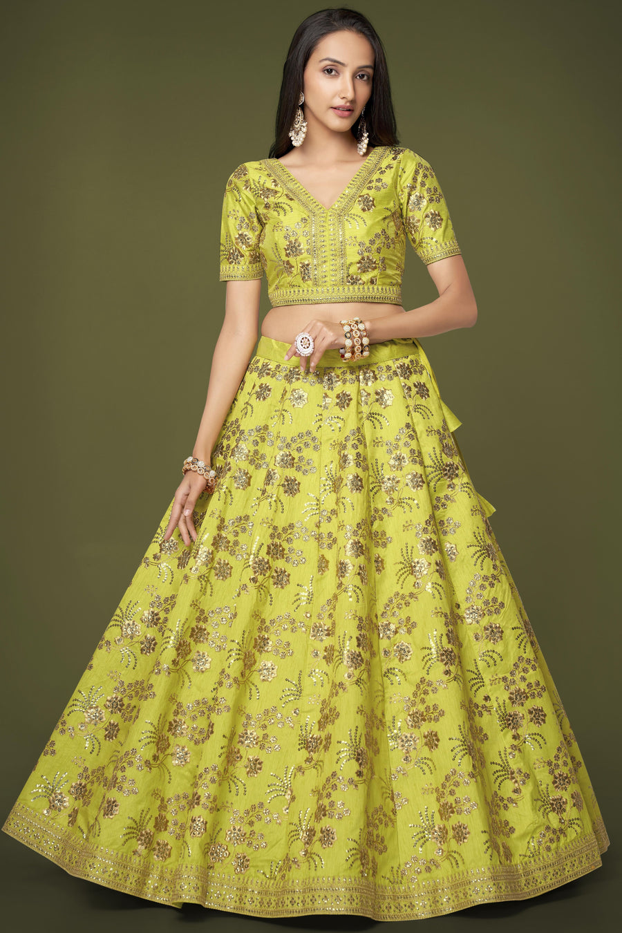 Yellow Slub Silk Lehenga Choli For Indian Festivals & Pakistani Weddings Dress - Sequence Embroidery Work, Zari Work