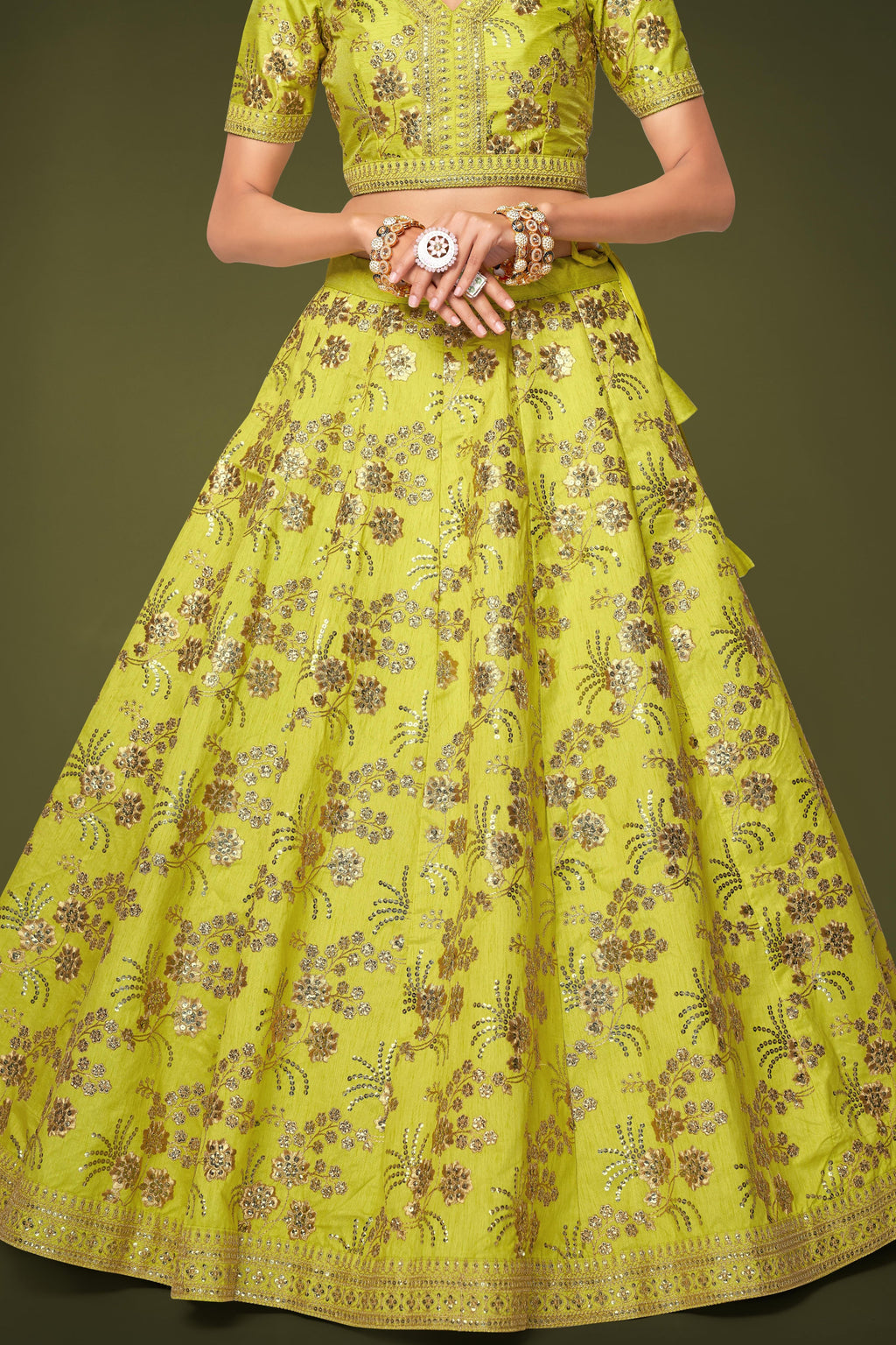 Yellow Slub Silk Lehenga Choli For Indian Festivals & Pakistani Weddings Dress - Sequence Embroidery Work, Zari Work