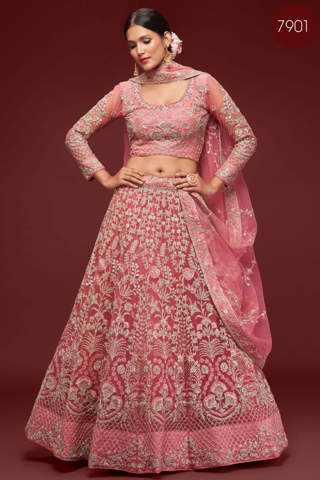 Rani Net Pastel Lehenga Choli with Zari and Dori Work