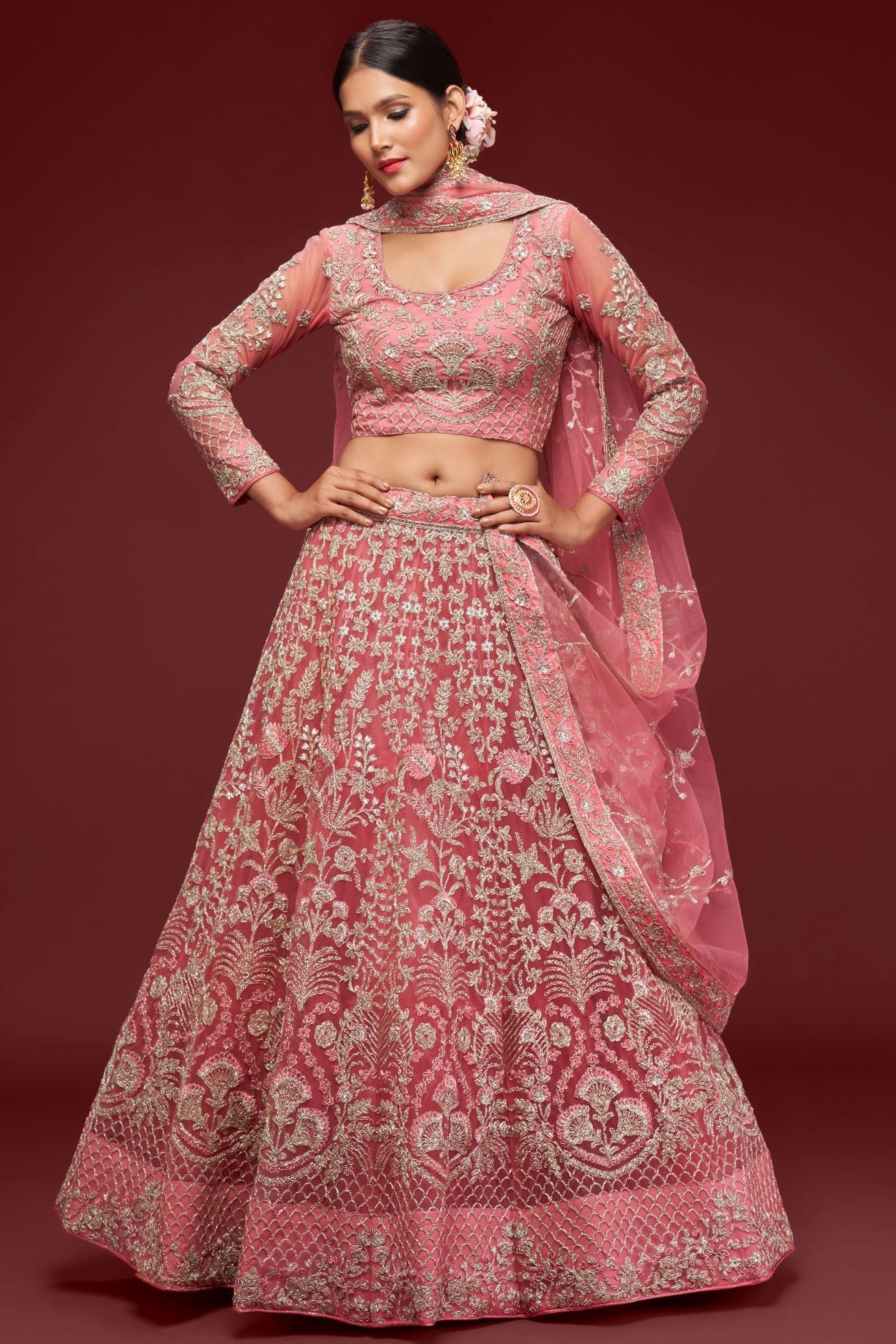 Rani Net Pastel Lehenga Choli with Zari and Dori Work