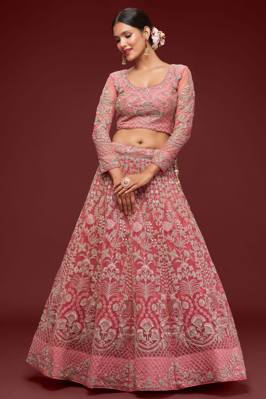 Rani Net Pastel Lehenga Choli with Zari and Dori Work