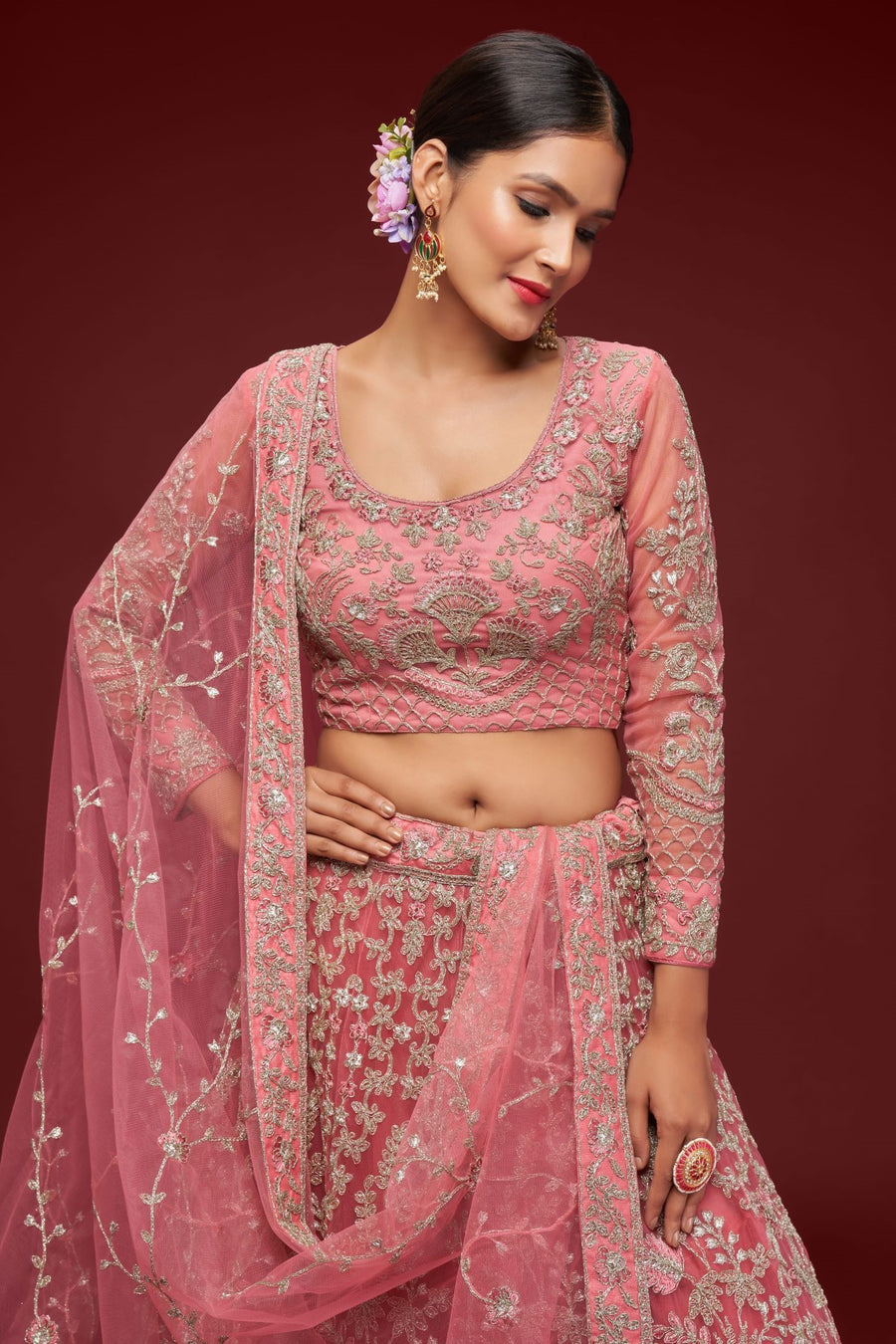 Rani Net Pastel Lehenga Choli with Zari and Dori Work