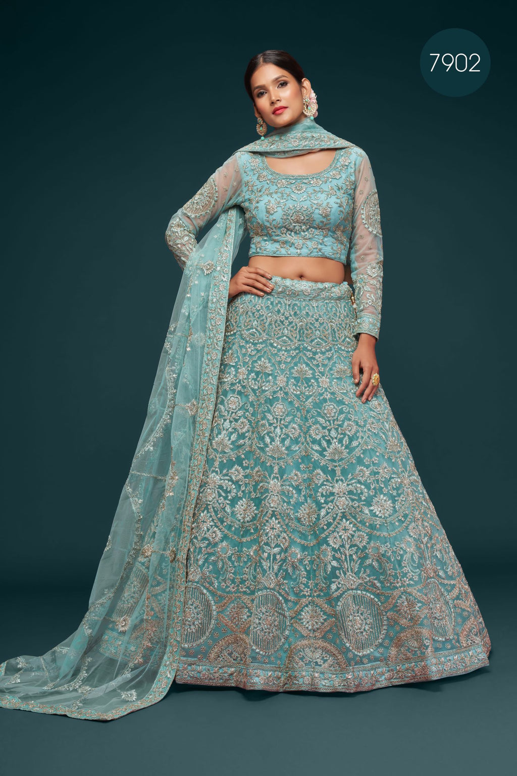 Firoji Net Pastel Lehenga with Zari and Dori Embroidery
