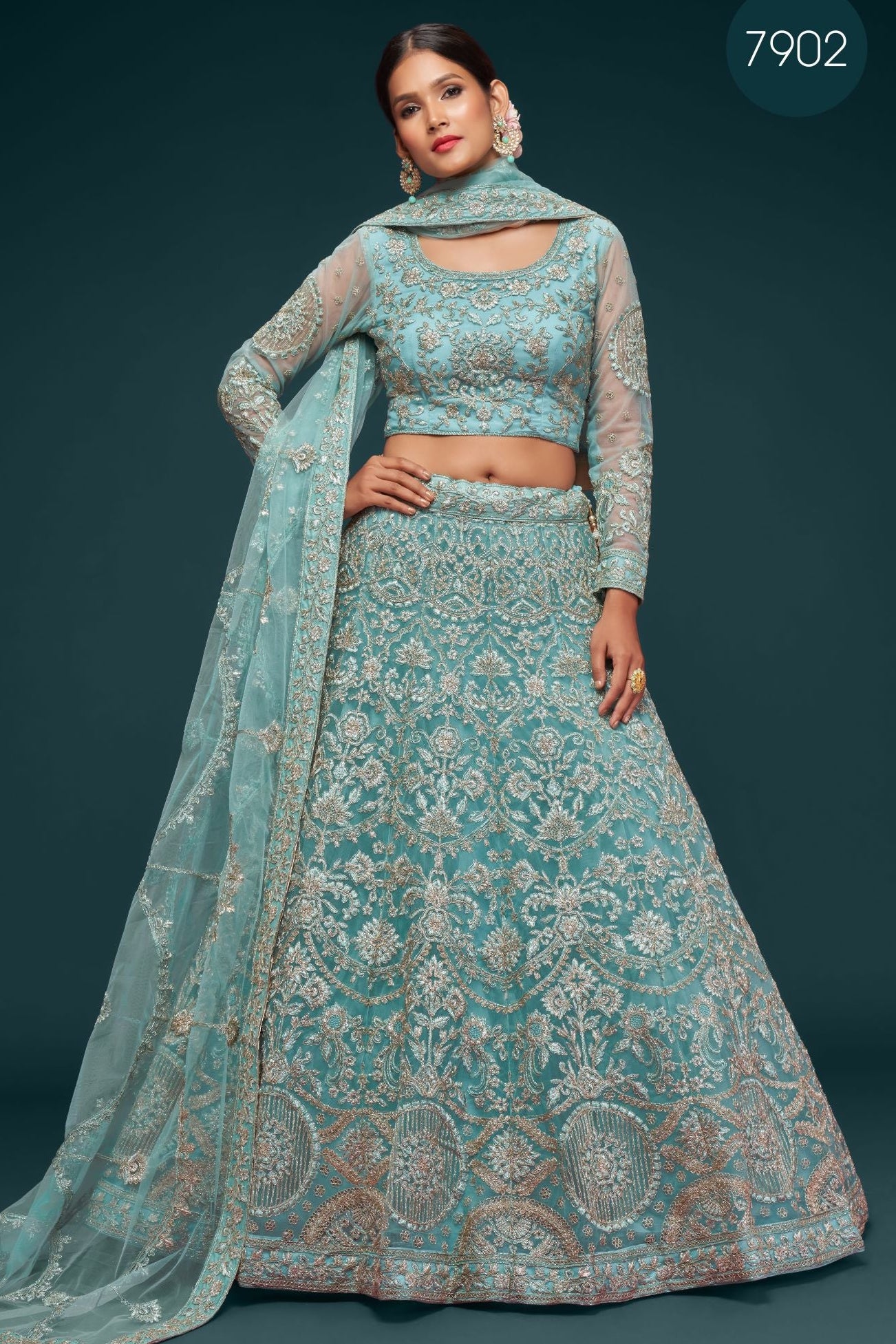 Firoji Net Pastel Lehenga with Zari and Dori Embroidery