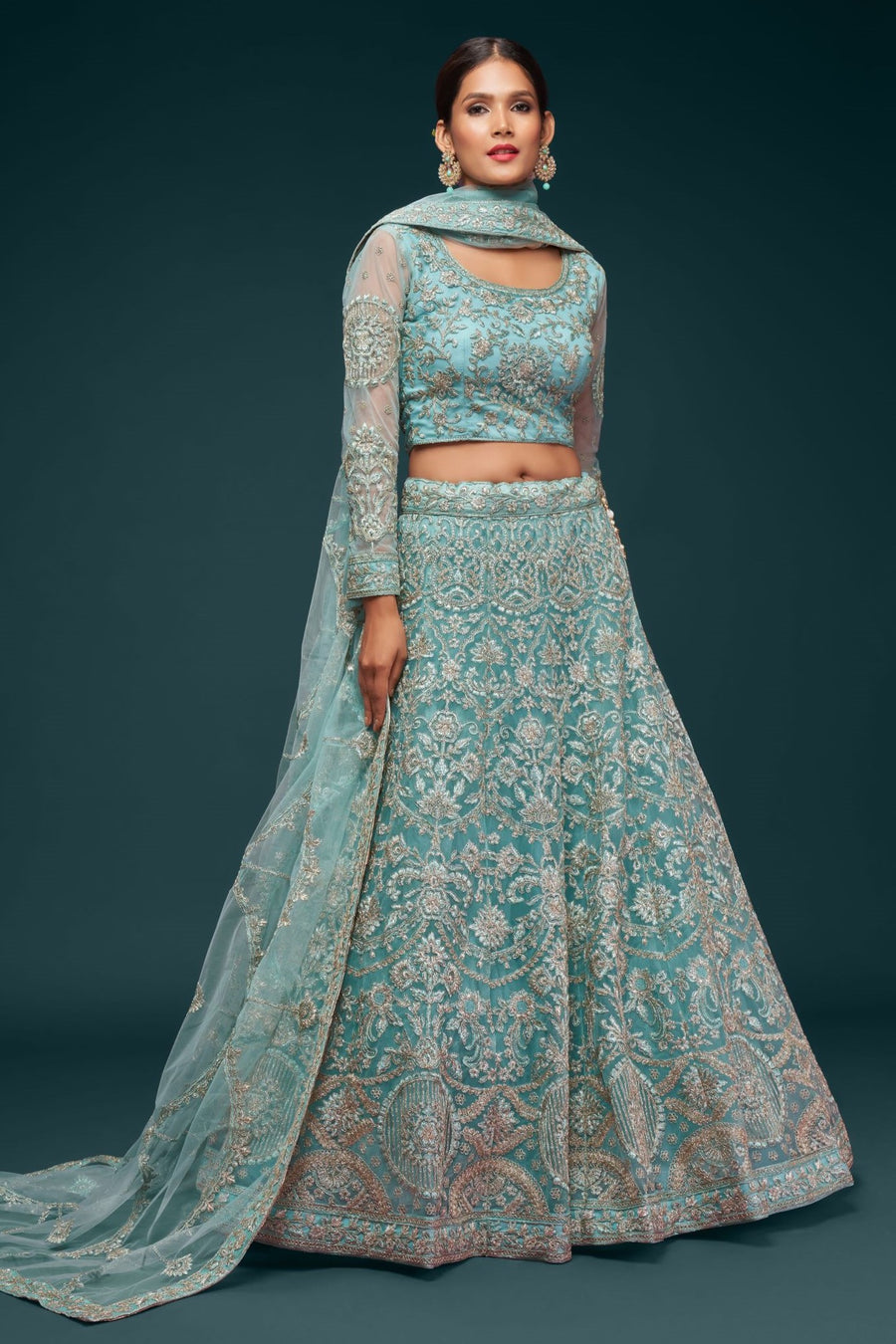 Firoji Net Pastel Lehenga with Zari and Dori Embroidery