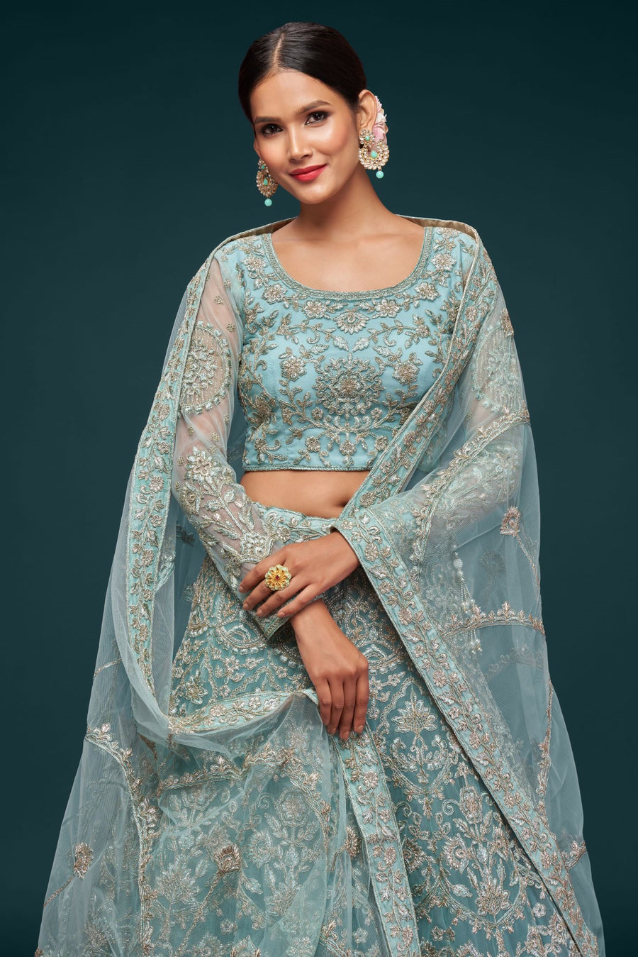 Firoji Net Pastel Lehenga with Zari and Dori Embroidery