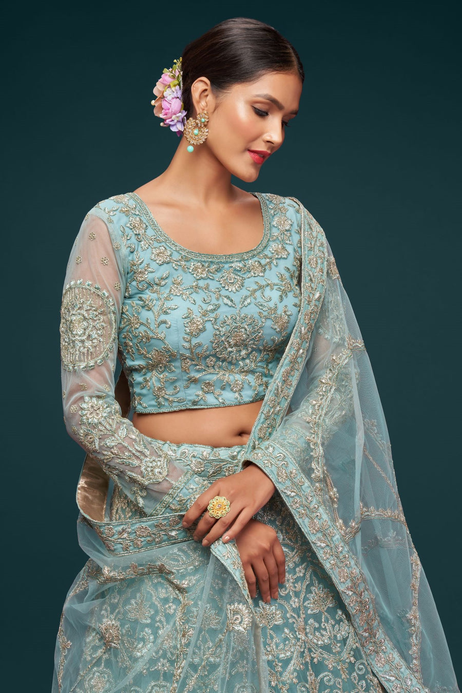 Firoji Net Pastel Lehenga with Zari and Dori Embroidery