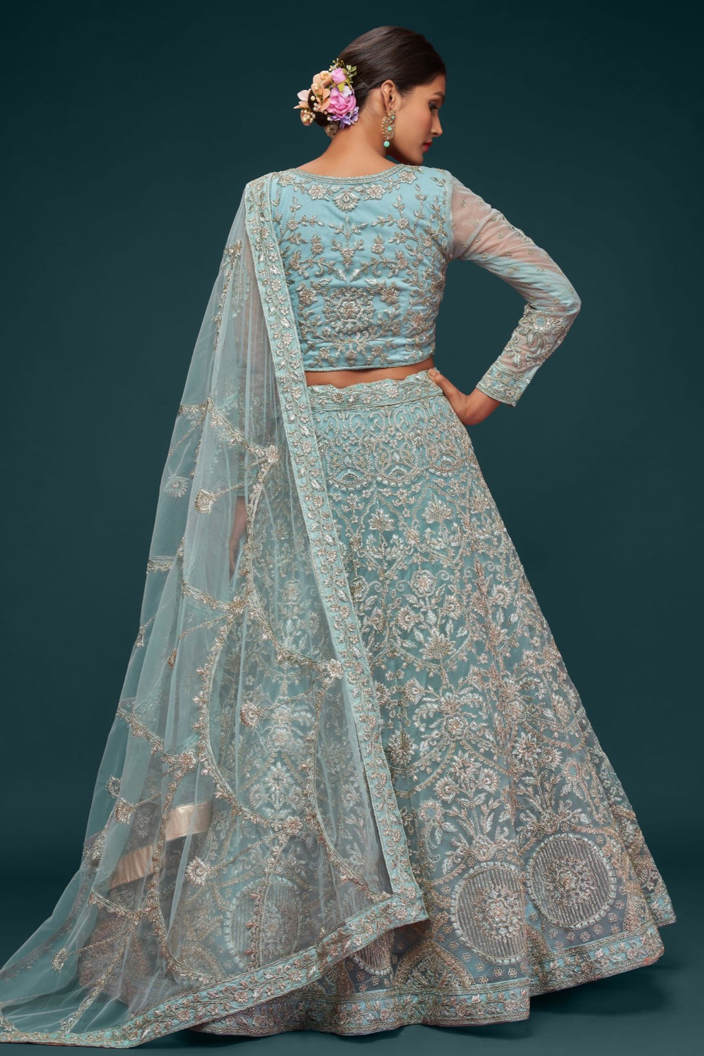 Firoji Net Pastel Lehenga with Zari and Dori Embroidery