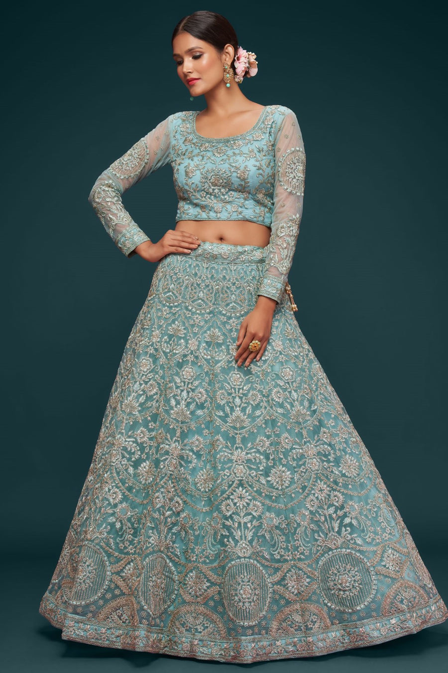 Firoji Net Pastel Lehenga with Zari and Dori Embroidery