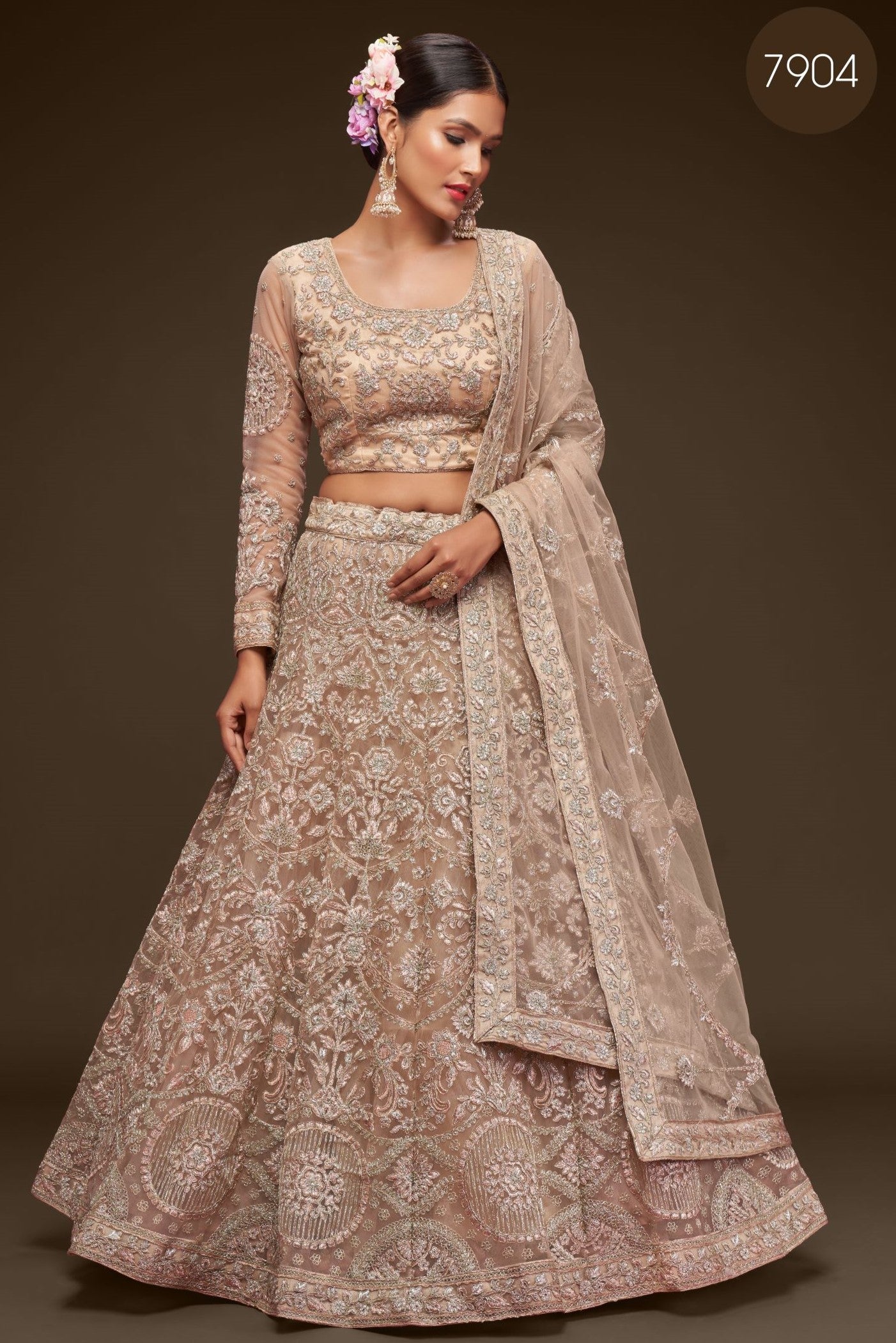 Cream Net Pastel Lehenga with Zari and Dori Work