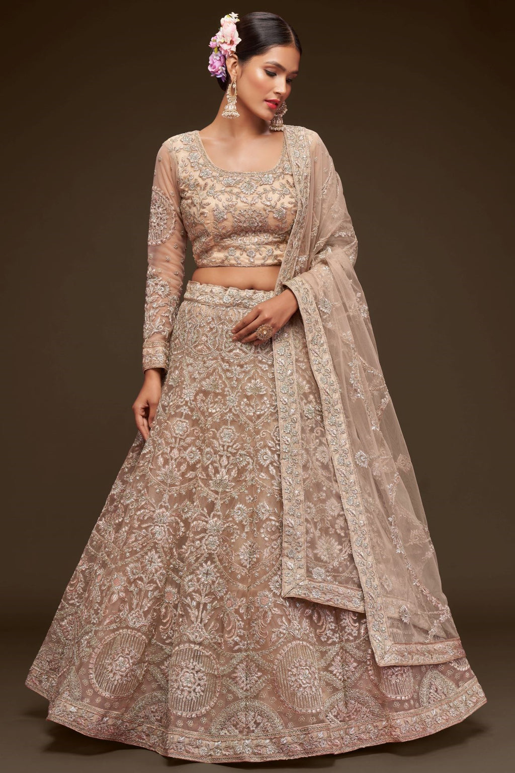 Cream Net Pastel Lehenga with Zari and Dori Work