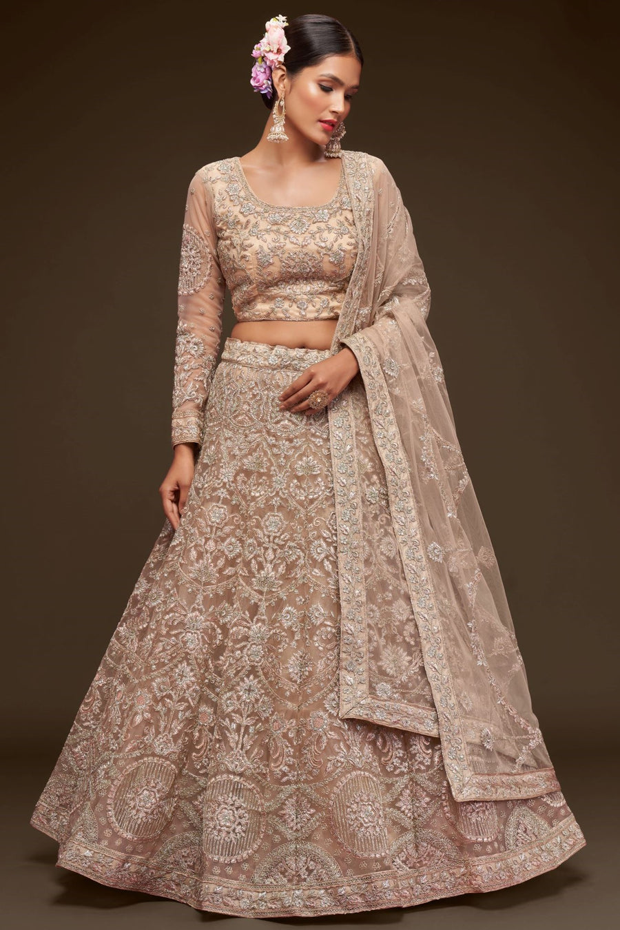 Cream Net Pastel Lehenga with Zari and Dori Work