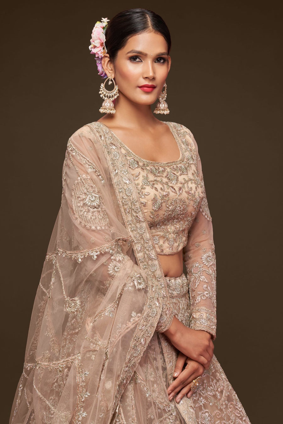 Cream Net Pastel Lehenga with Zari and Dori Work