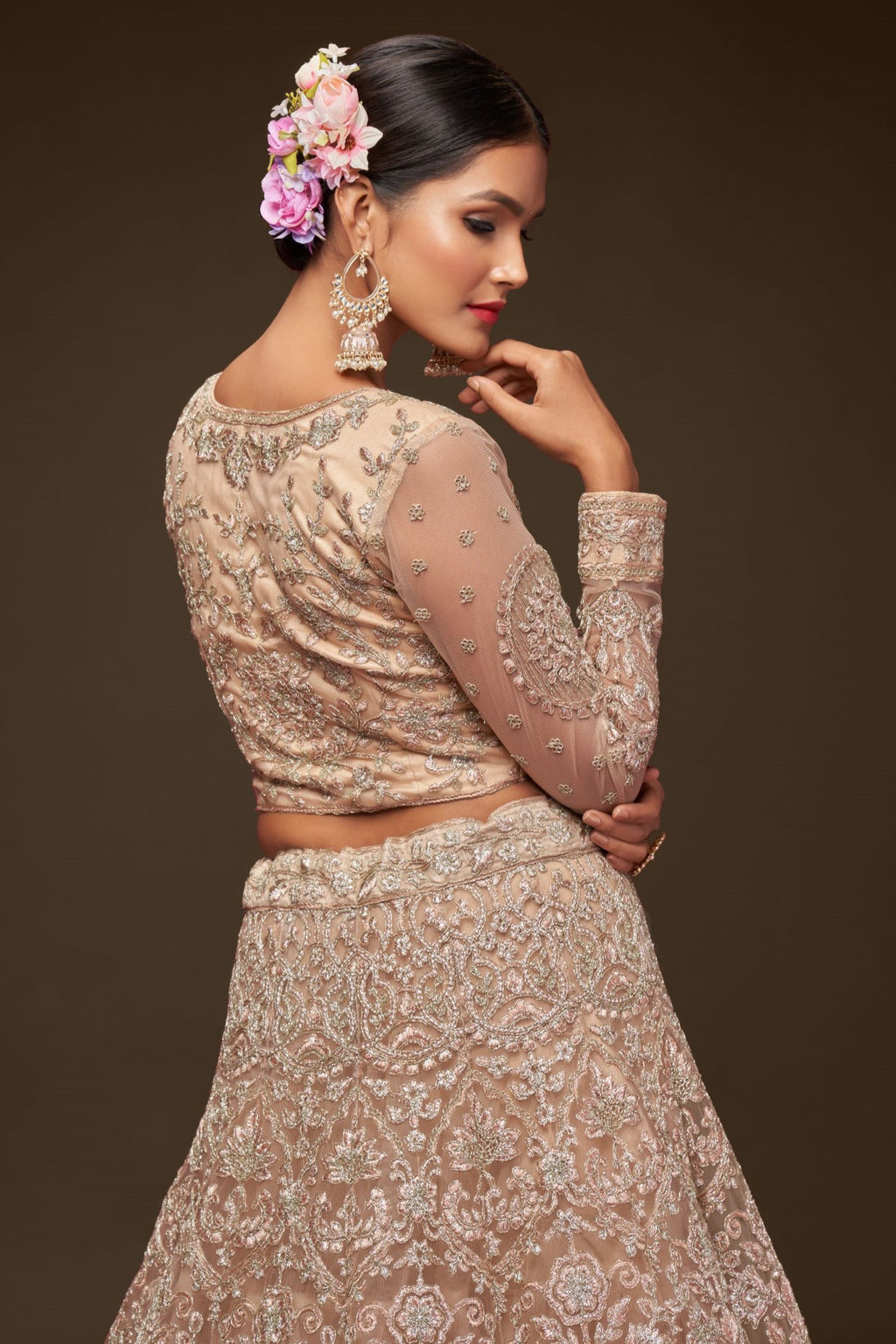 Cream Net Pastel Lehenga with Zari and Dori Work