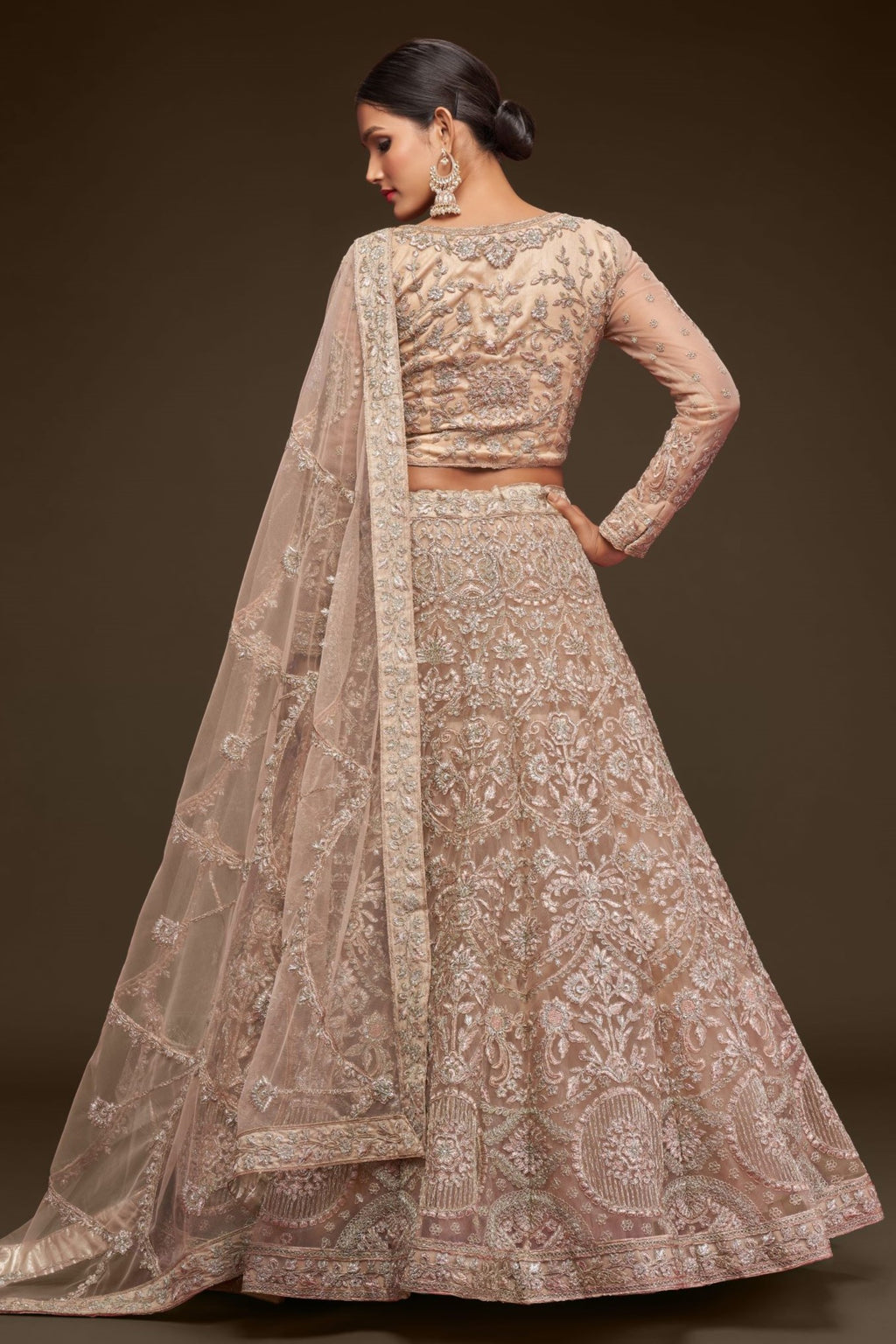 Cream Net Pastel Lehenga with Zari and Dori Work