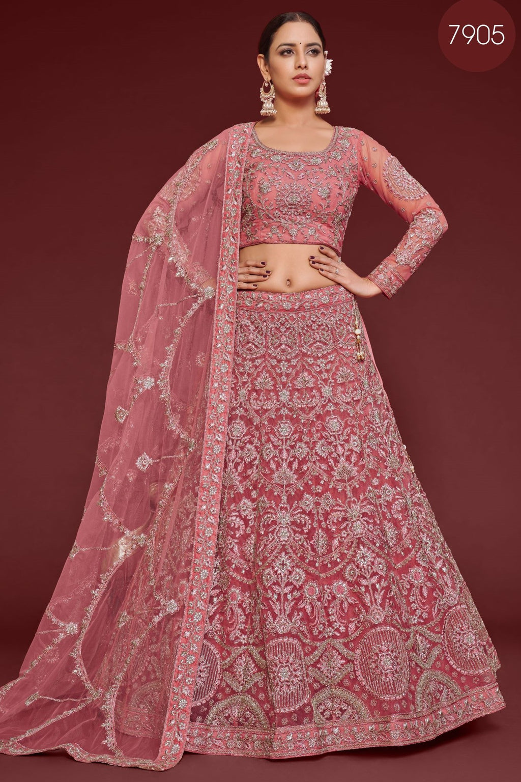 Pink Net Pastel Lehenga with Zari and Dori Work