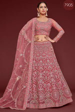 Rose Pink Net Pastel Lehenga with Full Sleeve Blouse - Dori & Zari Work