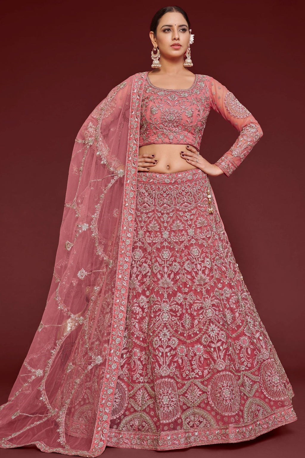 Pink Net Pastel Lehenga with Zari and Dori Work